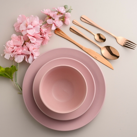 Aparelho de Jantar 42 Peças Porcelana Rosa com Flores Douradas - Dynasty -  Papel Mache