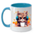 Caneca personalizada com ilustração de um gato usando fones de ouvido, com fundo colorido.