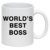 Caneca branca com a frase "WORLD'S BEST BOSS" em letras grandes e pretas.