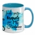 Caneca personalizada com a frase "Tudo posso Naquele que ME Fortalece" e fundo azul aquarela.