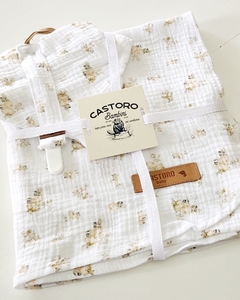 Set Gasa Cotton Manta + Bandana + Portachupetes (Floreado)