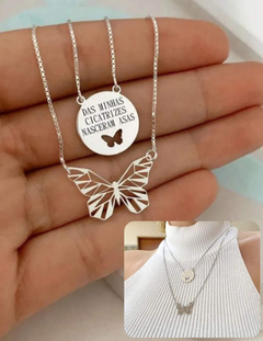 Conjunto Colar e Pulseira Borboleta Frase Folheado à Prata 925 - Mix Acessórios