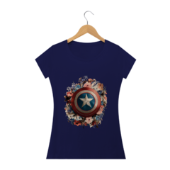 Camiseta feminina Baby Long Escudo do Capitão América com Toque Floral - Estilo e Delicadeza em uma Peça! na internet