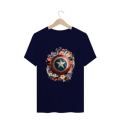 Camiseta Plus Size Escudo do Capitão América com Toque Floral - Estilo e Poder em Tamanho Especial! - ChicWear Co.