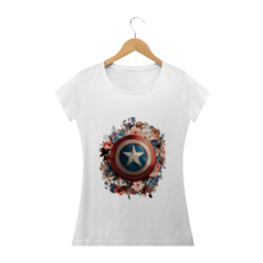 Camiseta feminina Baby Long Escudo do Capitão América com Toque Floral - Estilo e Delicadeza em uma Peça!