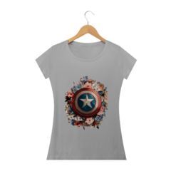 Imagem do Camiseta feminina Baby Long Escudo do Capitão América com Toque Floral - Estilo e Delicadeza em uma Peça!