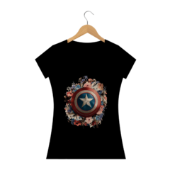 Camiseta feminina Baby Long Escudo do Capitão América com Toque Floral - Estilo e Delicadeza em uma Peça! - comprar online