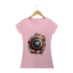 Camiseta feminina Baby Long Escudo do Capitão América com Toque Floral - Estilo e Delicadeza em uma Peça! - loja online