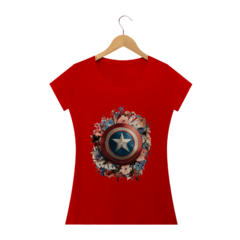 Camiseta feminina Baby Long Escudo do Capitão América com Toque Floral - Estilo e Delicadeza em uma Peça! - ChicWear Co.