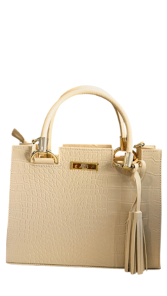 Bolsa feminina média transversal e de mão na cor branco gelo, com textura croco e detalhes em dourado.