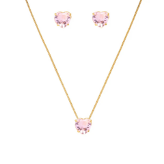 Conjunto de brinco + colar com detalhes em coração e pedras rosa, em ouro 18k.