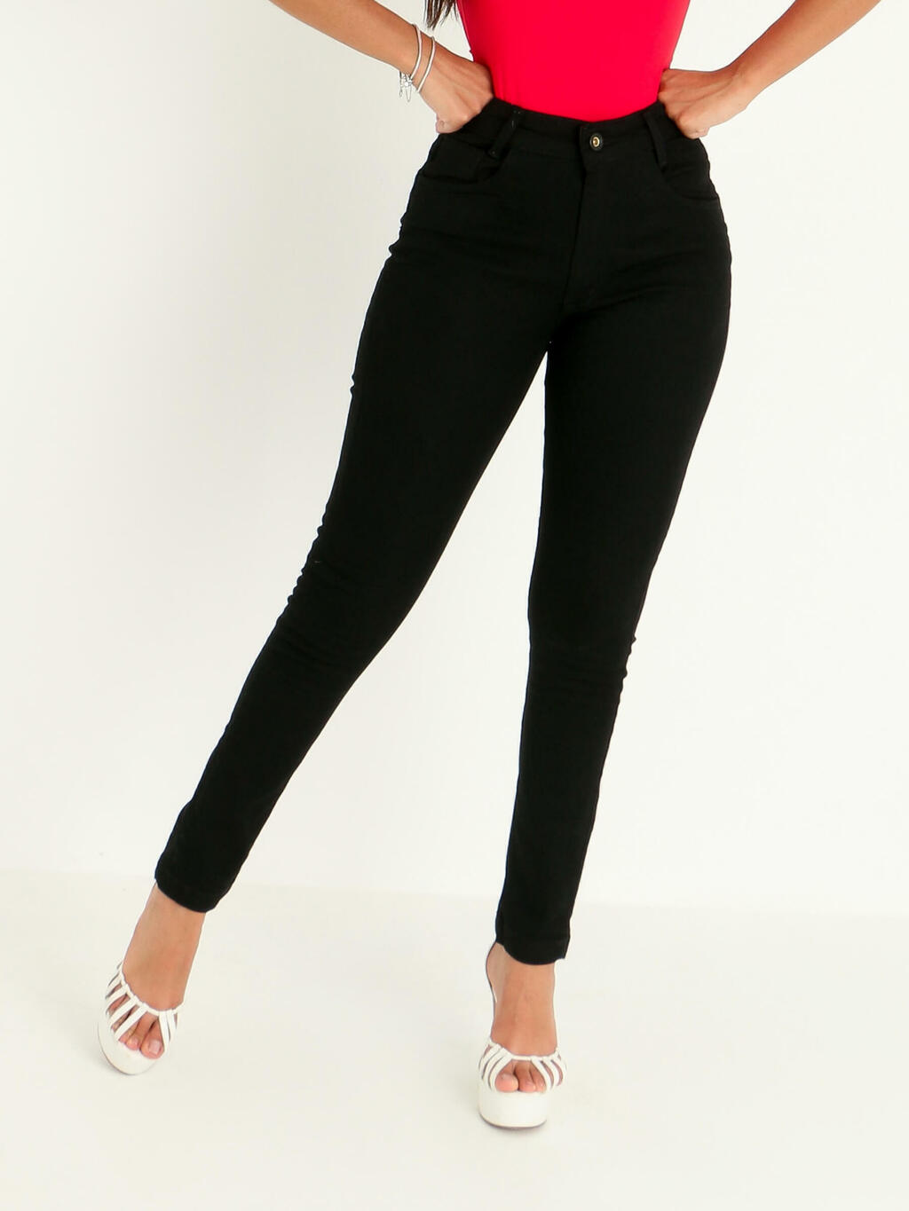 Calça Jeans Feminina Preta Básica Skinny Cintura Alta Com Lycra