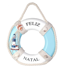 Enfeite natal boia praia p/pendurar (azul Branco) 24x24cm - Flor Arte