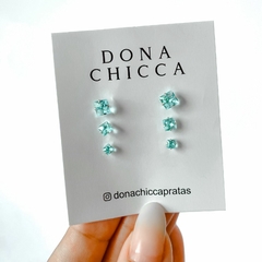 Trio de Brincos de Prata Zircônia Quadrado Azul Claro 3MM, 4MM e 5MM - comprar online