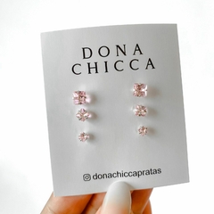 Trio de Brincos de Prata Zircônia Quadrado Rosa 3MM, 4MM e 5MM - comprar online