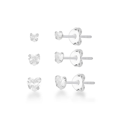 Trio De Brincos De Prata Zircônia Coração 3MM, 4MM e 5MM