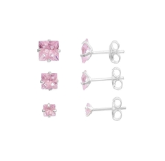 Trio de Brincos de Prata Zircônia Quadrado Rosa 3MM, 4MM e 5MM