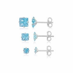 Trio de Brincos de Prata Zircônia Quadrado Azul Claro 3MM, 4MM e 5MM