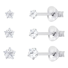 Trio de Brincos de Prata Zircônia Estrela 3MM, 4MM e 5MM