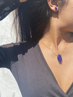 Conjunto pedra ametista azul banhada a ouro 18 K