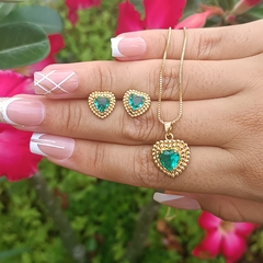 CONJUNTO CORAÇÃO VERDE ESMERALDA BANHADO A OIRO 18 K