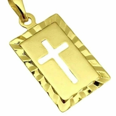 Pingente Placa com Cruz Vazada (1,8cmX1,2cm) (Banho Ouro 24k)