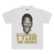 Camiseta branca com estampa de Tyler, The Creator sorrindo, usando óculos e com o texto "TYLER, THE CREATOR" em destaque.