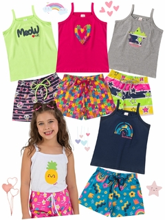 Kit 5 Conjuntos Infantil Menina Verão Blusa de Alcinha e Shorts com Elástico Malha com Elastano