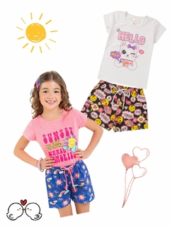 Kit 2 Conjuntos Infantil Menina Verão Blusa Manga e Shorts com Elástico