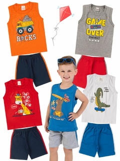 Kit 5 Conjuntos Infantil Menino Verão Camiseta Regata em Meia Malha e Bermuda em Moletinho com Elástico