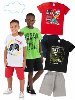 Kit 4 Conjuntos Infantil Juvenil Menino Verão Camiseta Manga em Meia Malha e Bermuda Moletinho com Elástico