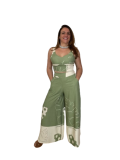 Conjunto Feminino Cropped e Calça Pantalona Morgana Verde em Viscolinho - BFF - comprar online