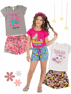 Kit 3 Conjuntos Infantil Menina Verão Blusa Manga e Shorts com Elástico