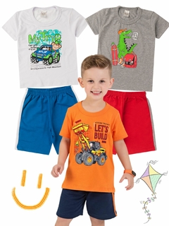 Kit 3 Conjuntos Infantil Menino Verão Camiseta em Meia Malha com Manga e Bermuda de Moletinho com Elástico