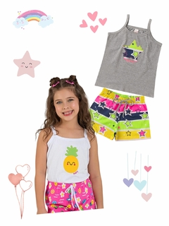 Kit 2 Conjuntos Infantil Menina Verão Blusa de Alcinha e Shorts com Elástico Malha com Elastano