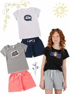 Kit 3 Conjuntos Infantil Juvenil Menina Verão Blusa com Manga em Cotton e Shorts em Moletinho com Elástico