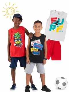 Kit 3 Conjuntos Infantil Juvenil Menino Verão Camiseta Regata em Meia Malha e Bermuda em Moletinho com Elástico