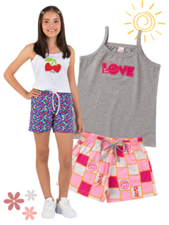 Kit 2 Conjuntos Infantil Juvenil Menina Verão Blusa De Alcinha e Shorts com Elástico em Cotton