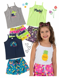 Kit 4 Conjuntos Infantil Menina Verão Blusa de Alcinha e Shorts com Elástico Malha com Elastano