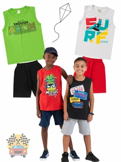 Kit 4 Conjuntos Infantil Juvenil Menino Verão Camiseta Regata em Meia Malha e Bermuda em Moletinho com Elástico