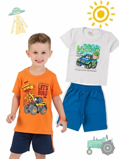 Kit 2 Conjuntos Infantil Menino Verão Camiseta em Meia Malha com Manga e Bermuda de Moletinho com Elástico