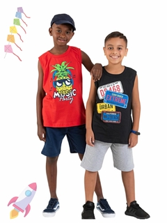 Kit 2 Conjuntos Infantil Juvenil Menino Verão Camiseta Regata em Meia Malha e Bermuda em Moletinho com Elástico