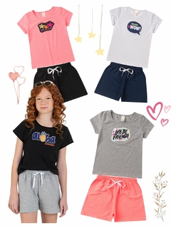 Kit 4 Conjuntos Infantil Juvenil Menina Verão Blusa com Manga em Cotton e Shorts em Moletinho com Elástico