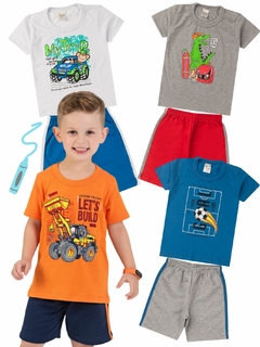 Kit 4 Conjuntos Infantil Menino Verão Camiseta em Meia Malha com Manga e Bermuda de Moletinho com Elástico