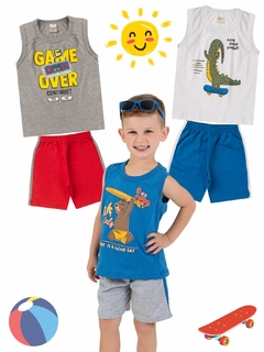 Kit 3 Conjuntos Infantil Menino Verão Camiseta Regata em Meia Malha e Bermuda em Moletinho com Elástico