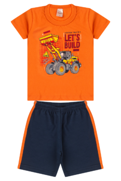 Kit 2 Conjuntos Infantil Menino Verão Camiseta em Meia Malha com Manga e Bermuda de Moletinho com Elástico