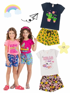 Kit 4 Conjuntos Infantil Menina Verão Blusa Manga e Shorts com Elástico