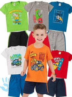 Kit 6 Conjuntos Infantil Menino Verão Camiseta em Meia Malha com Manga e Bermuda de Moletinho com Elástico