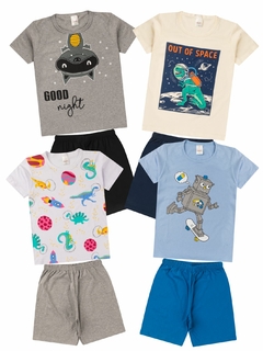 Kit 4 Pijamas Infantil Juvenil Menino Verão em Meia Malha Estampado