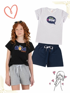 Kit 2 Conjuntos Infantil Juvenil Menina Verão Blusa com Manga em Cotton e Shorts em Moletinho com Elástico